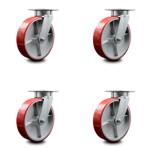 Service Caster 8 Inch Kingpinless Red Poly on Steel Wheel Swivel Top Plate Caster, 4PK SCC-KP30S820-PUR-RS-4